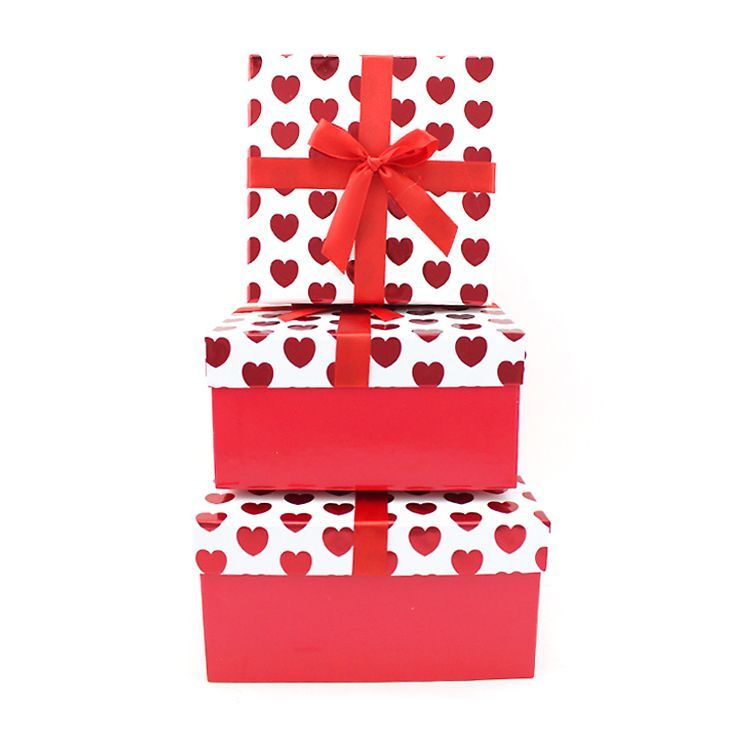 Набор подарочных коробок 3 в 1 "Красные сердца" с бантом Тиснение фольгой